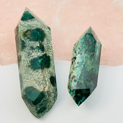 close up of the details on these fuchsite double terminated crystals