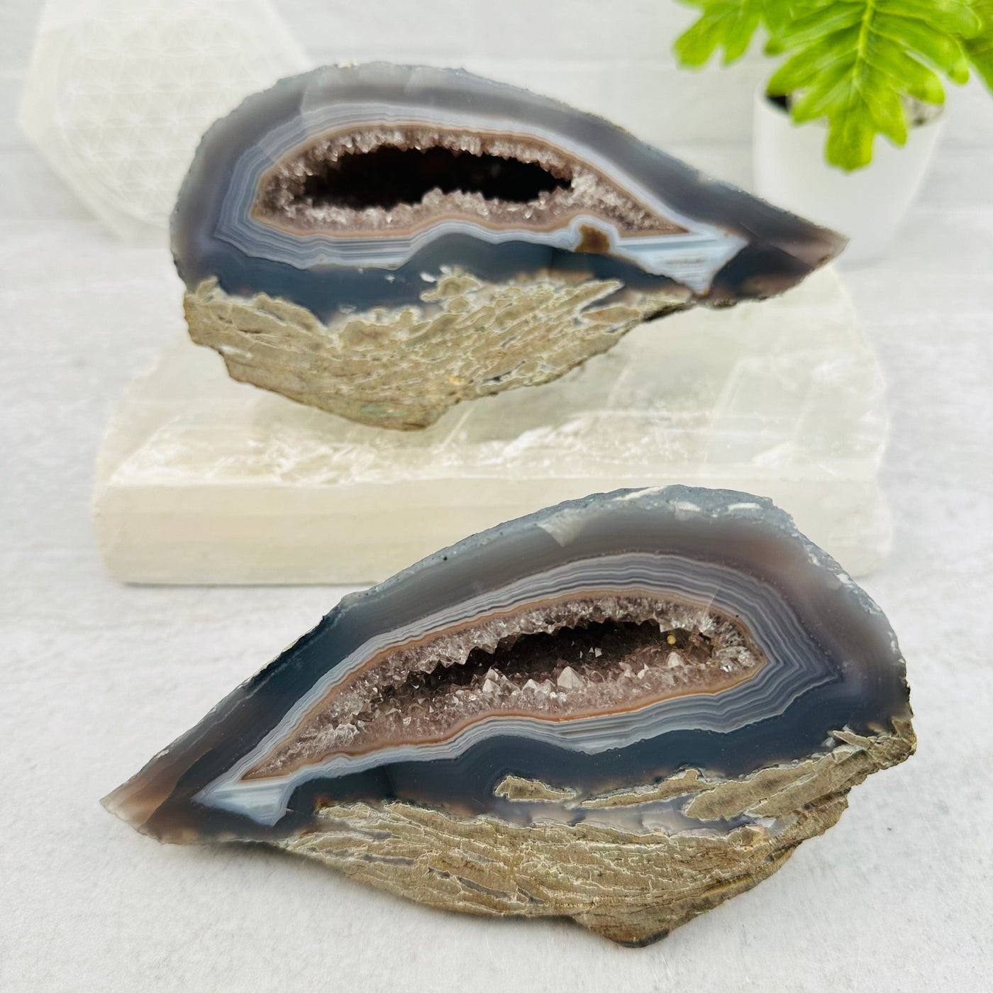 Agate Geode Crystal Pair displayed as home decor 
