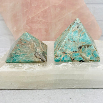 Amazonite Crystal Pyramids displayed as home decor 
