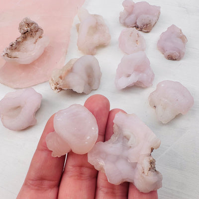 Chalcedony Rosettes - Pink Chalcedony pieces in hand for size reference 
