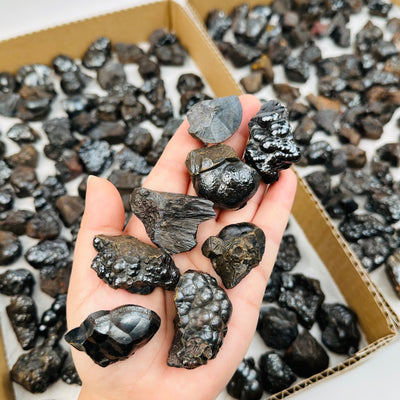 Botryoidal Hematite crystals in hand for size reference 