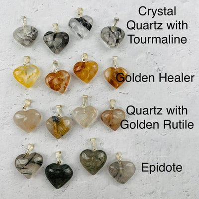 heart pendants next to their crystal name 
