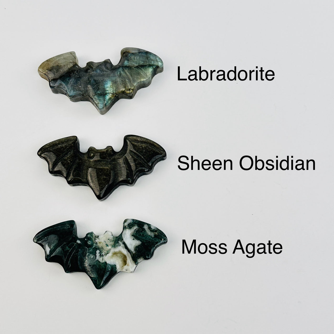 carved crystal bats next to their crystal name 