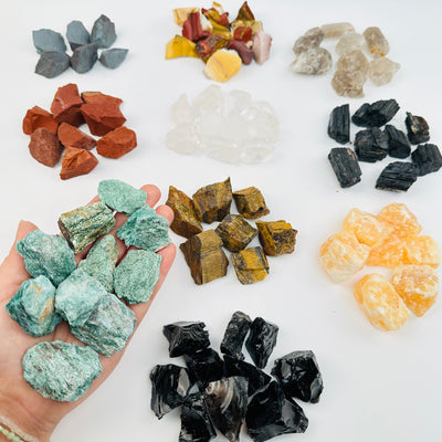 rough crystals sold by half a pound or pound. you select the gemstone 