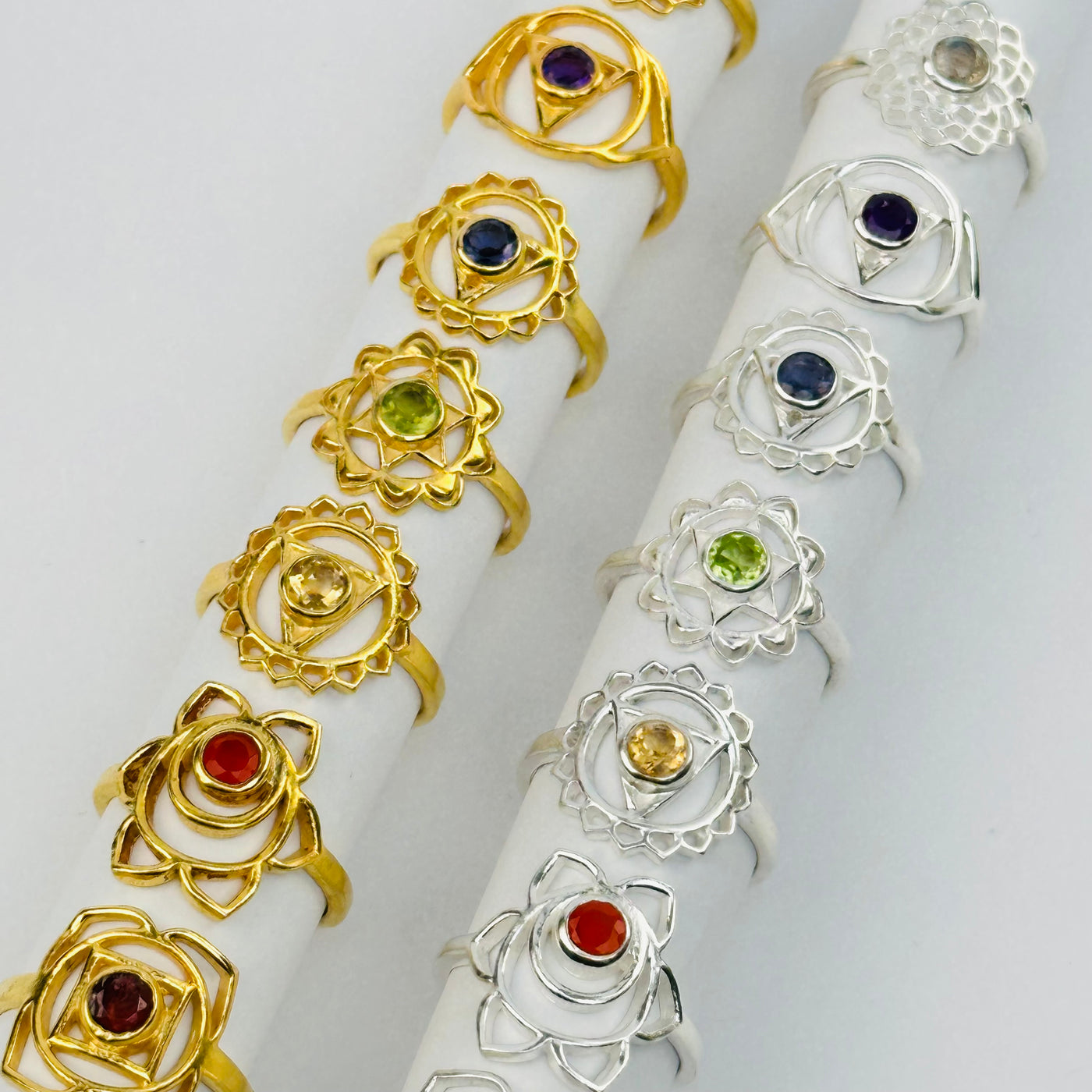 chakra rings are available in gold and silver