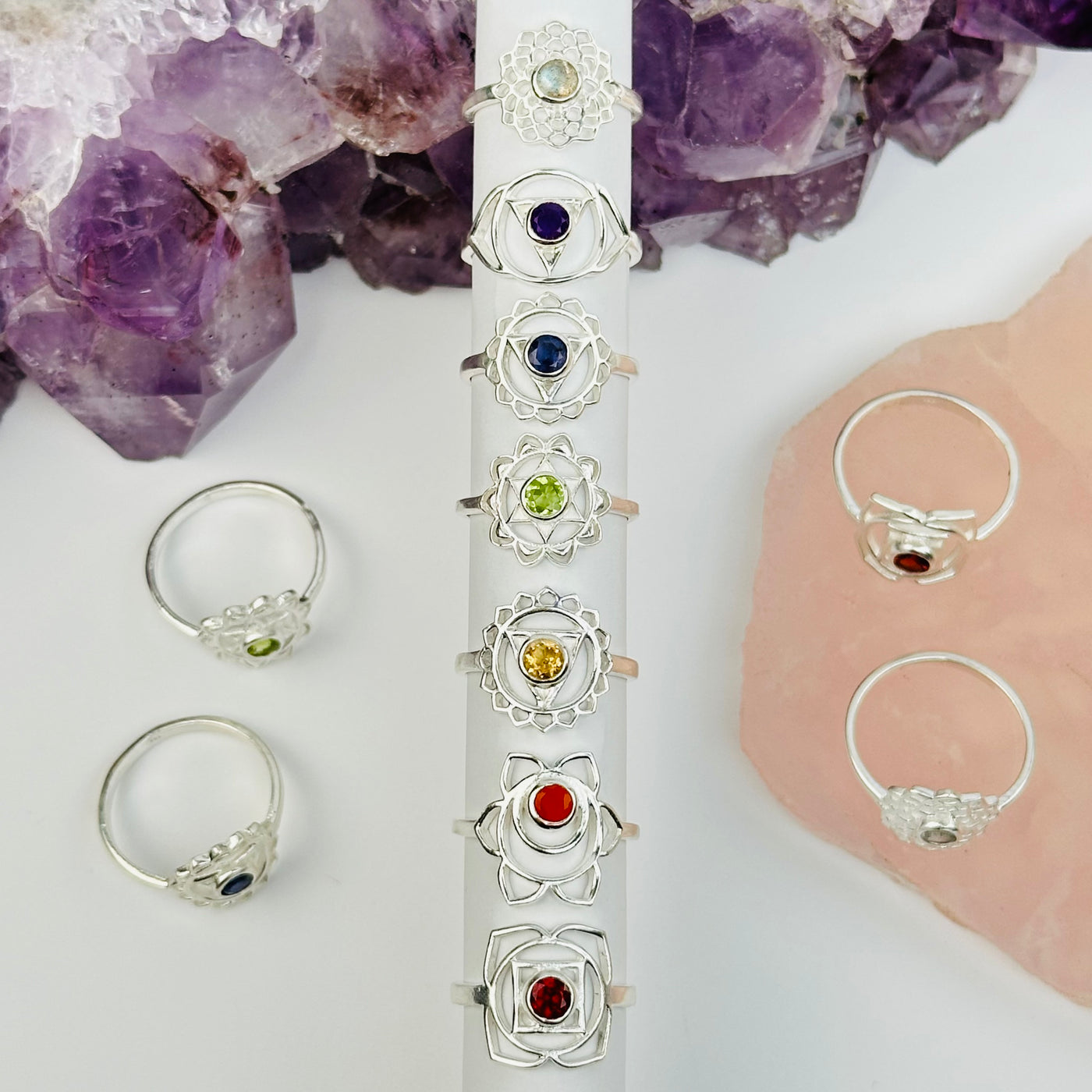 chakra rings displayed to show the differences in the gemstones 