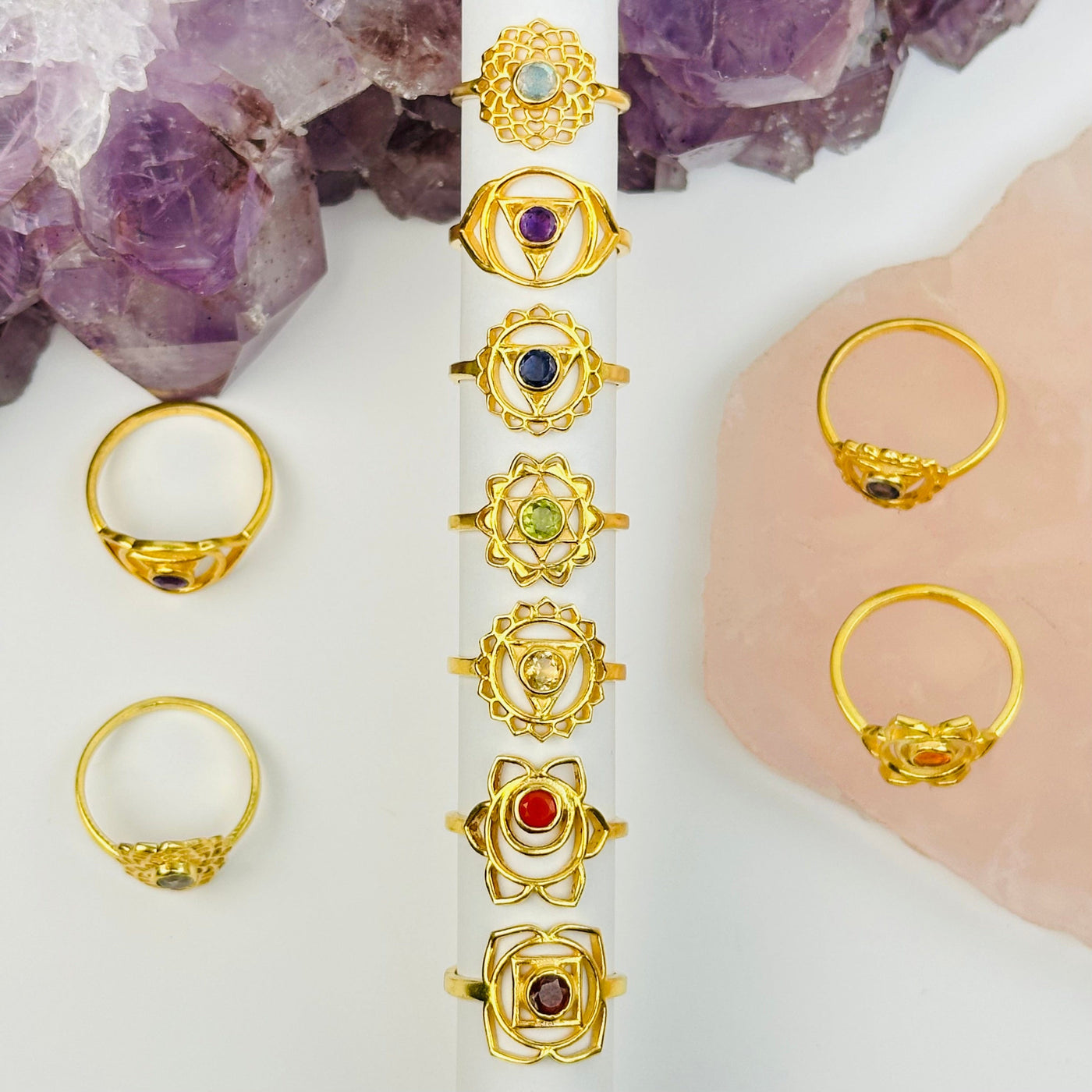 chakra rings displayed to show the different gemstones 