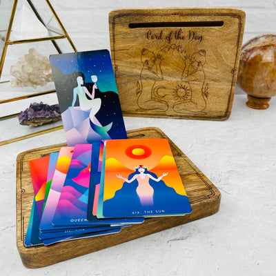 Wood Card Holder - Engraved Goddesses displayed as home decor 