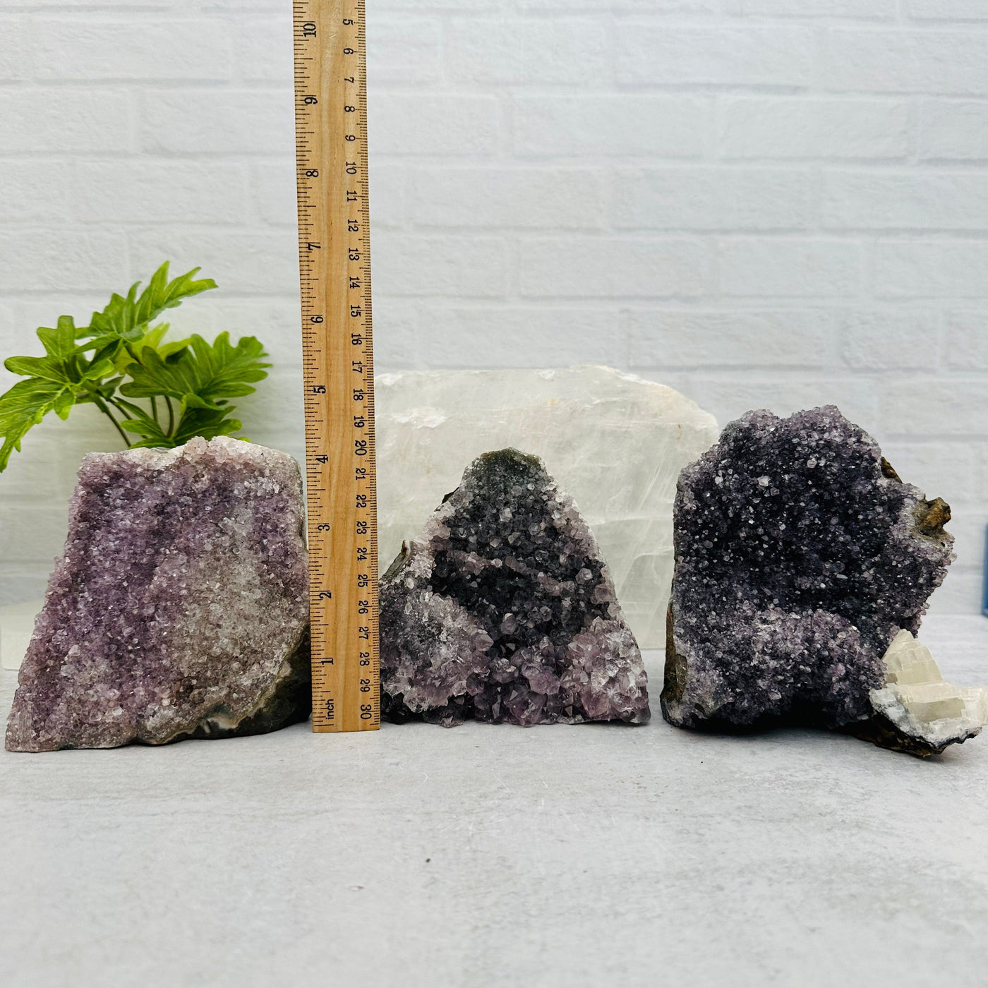 1 BOX of Natural Amethyst Druzy Cut Base - Bulk Deal - next to a ruler for size reference 