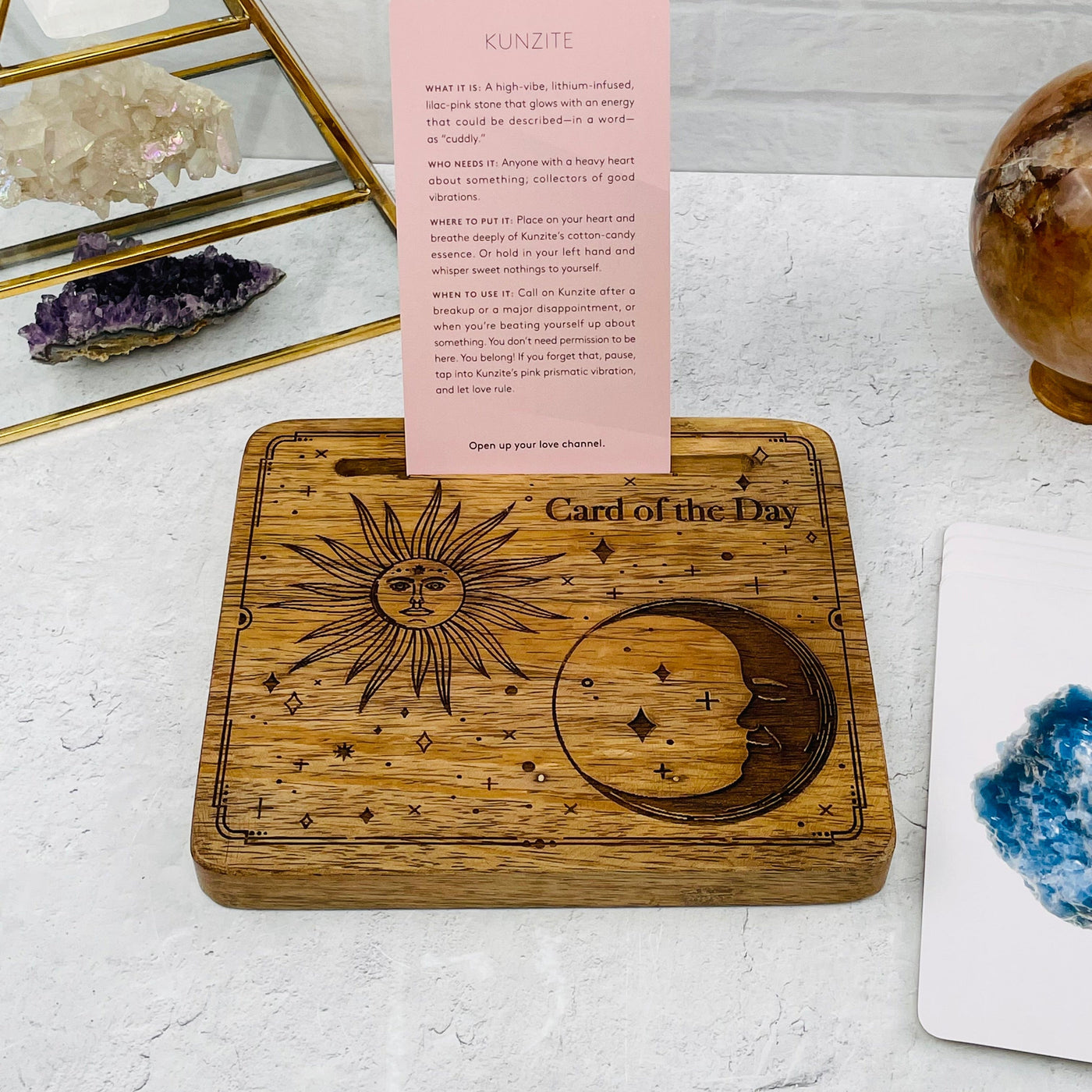Wood Card Holder - Engraved Sun and Moon displayed as home decor 