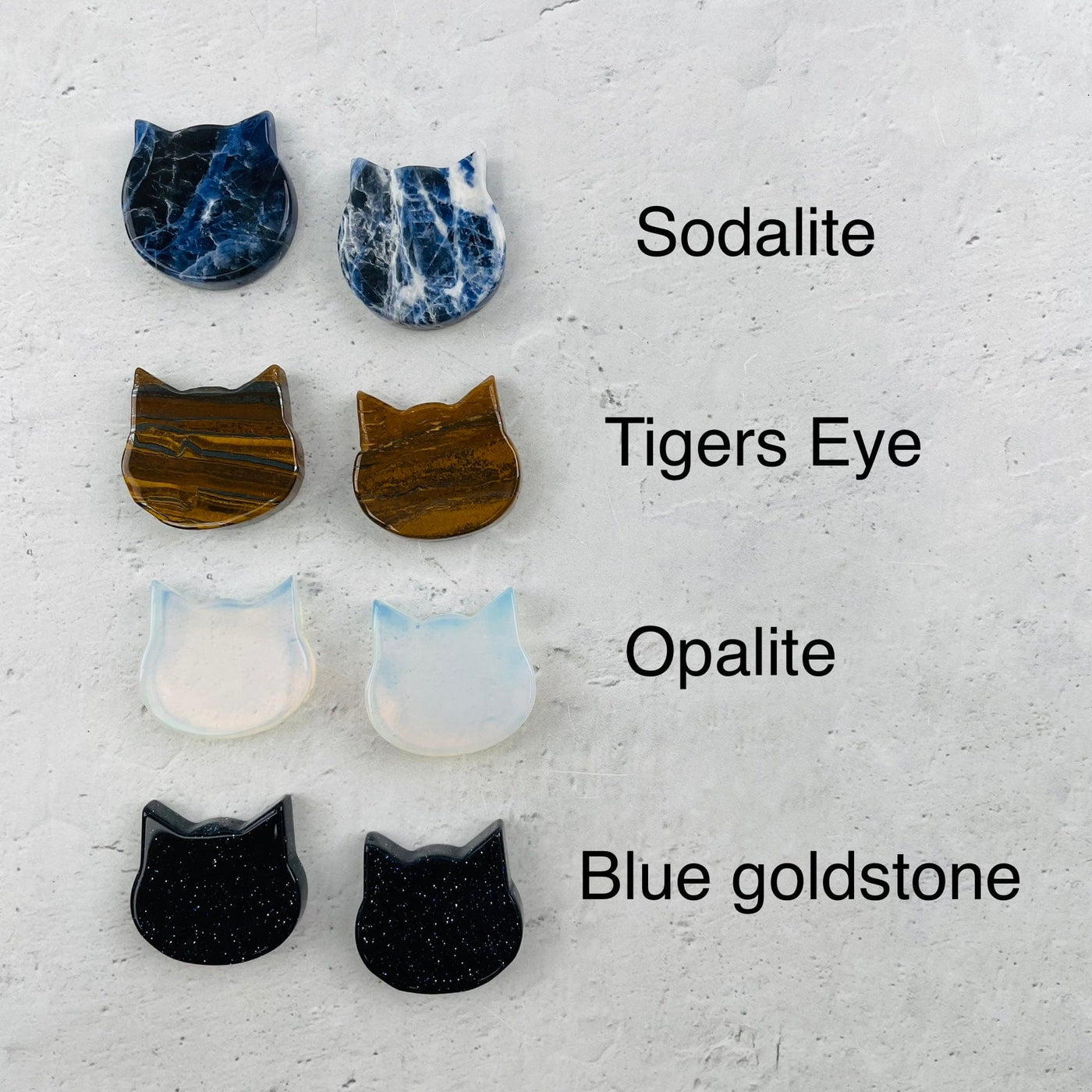 Cat Cabochons next to their crystal name 