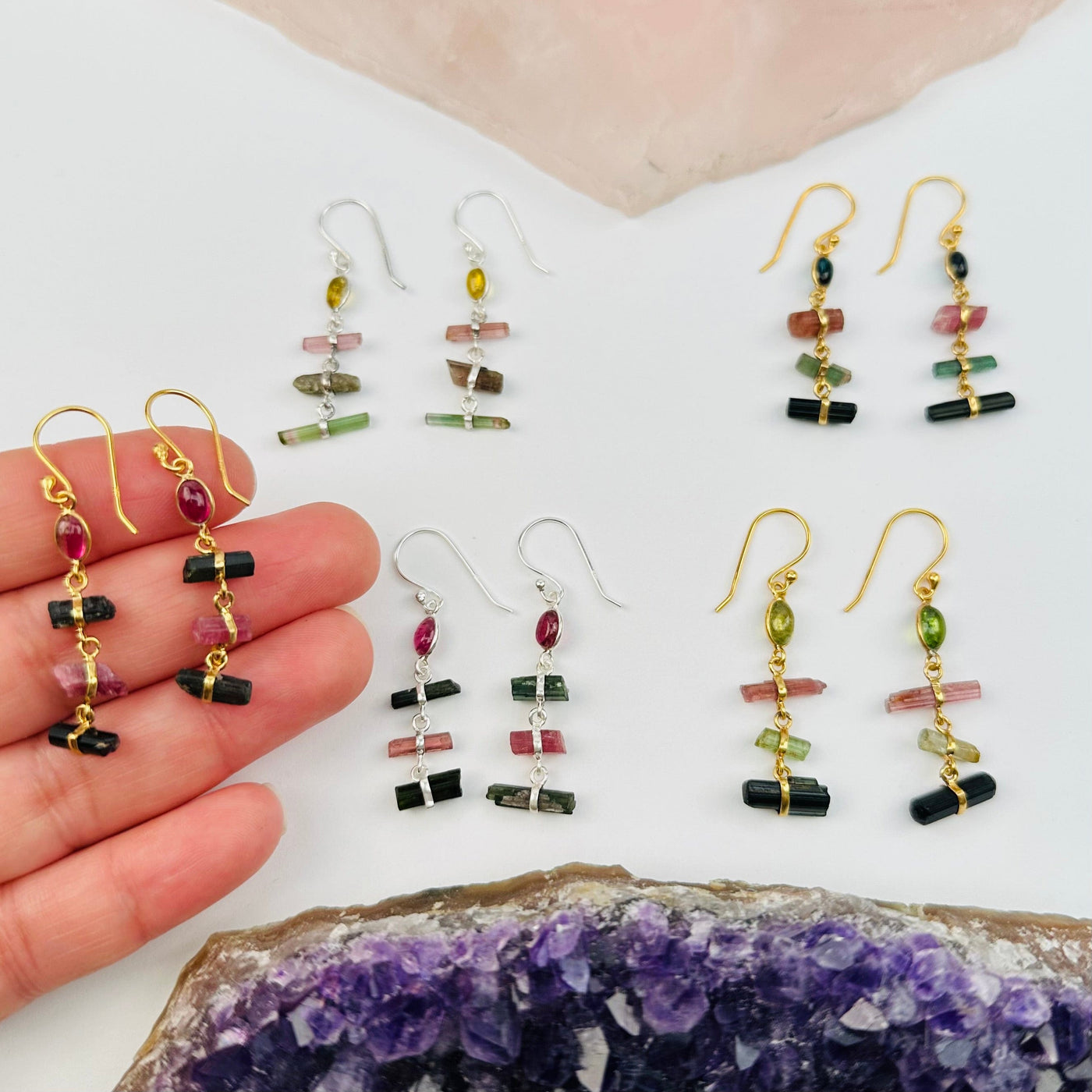 Watermelon Tourmaline Earrings in hand for size reference 
