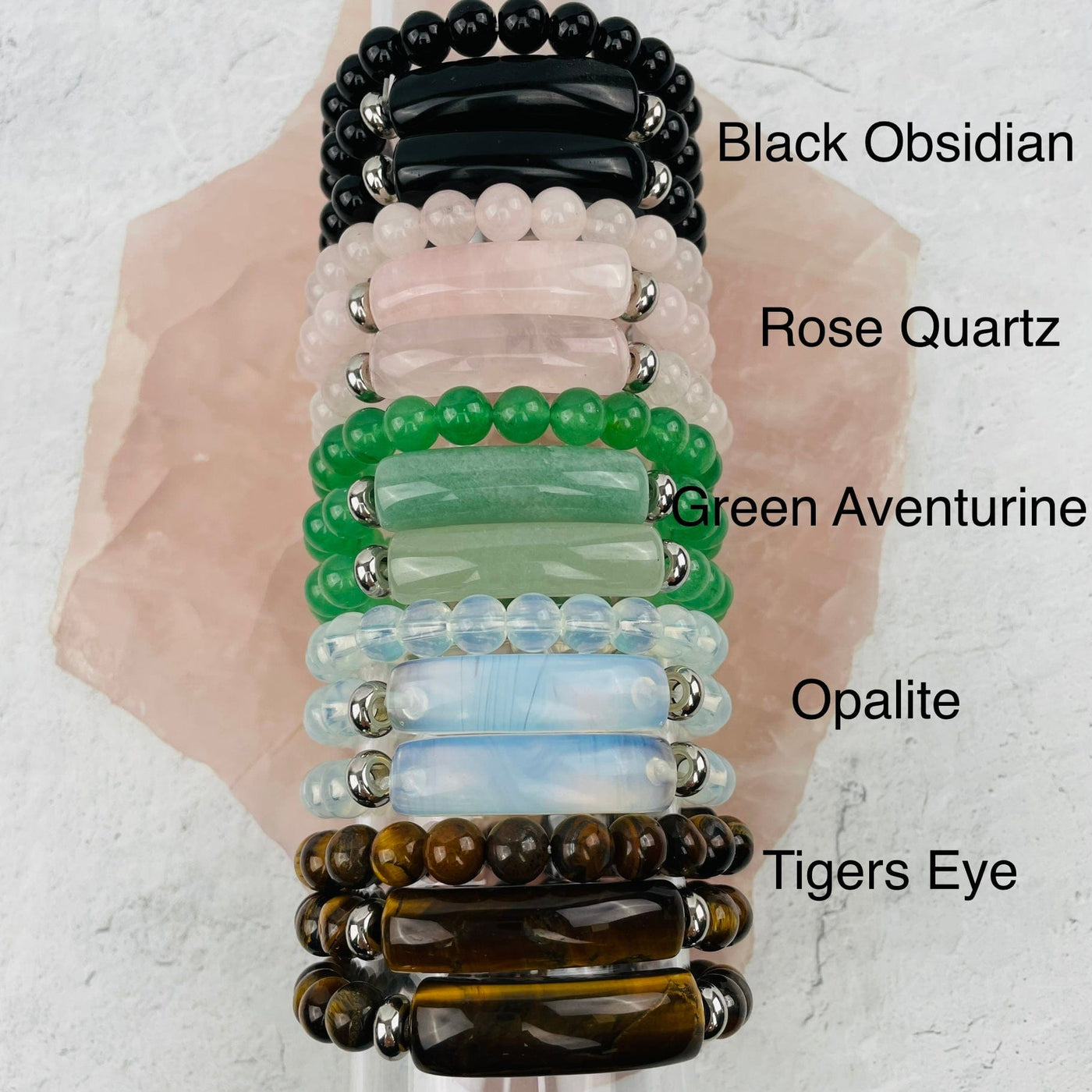 bracelets next to their crystal names 