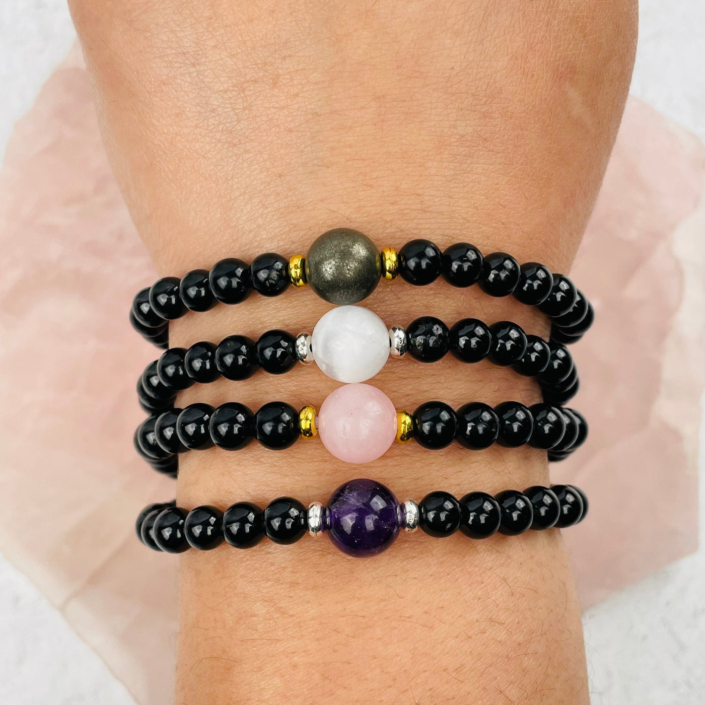 Black Tourmaline with Gemstone Bead Bracelets - Gold or Silver Accent -