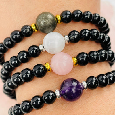 Black Tourmaline with Gemstone Bead Bracelets - Gold or Silver Accent -