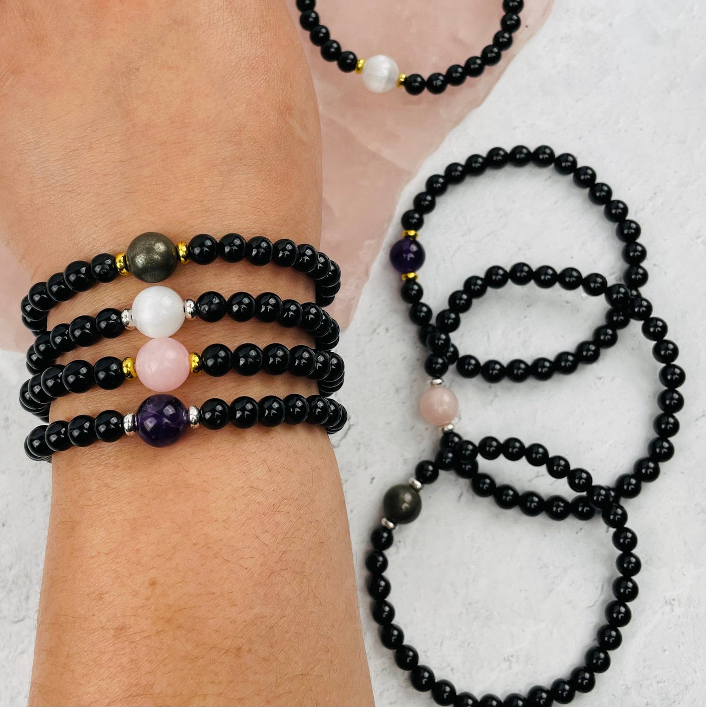 Black Tourmaline with Gemstone Bead Bracelets - Gold or Silver Accent -