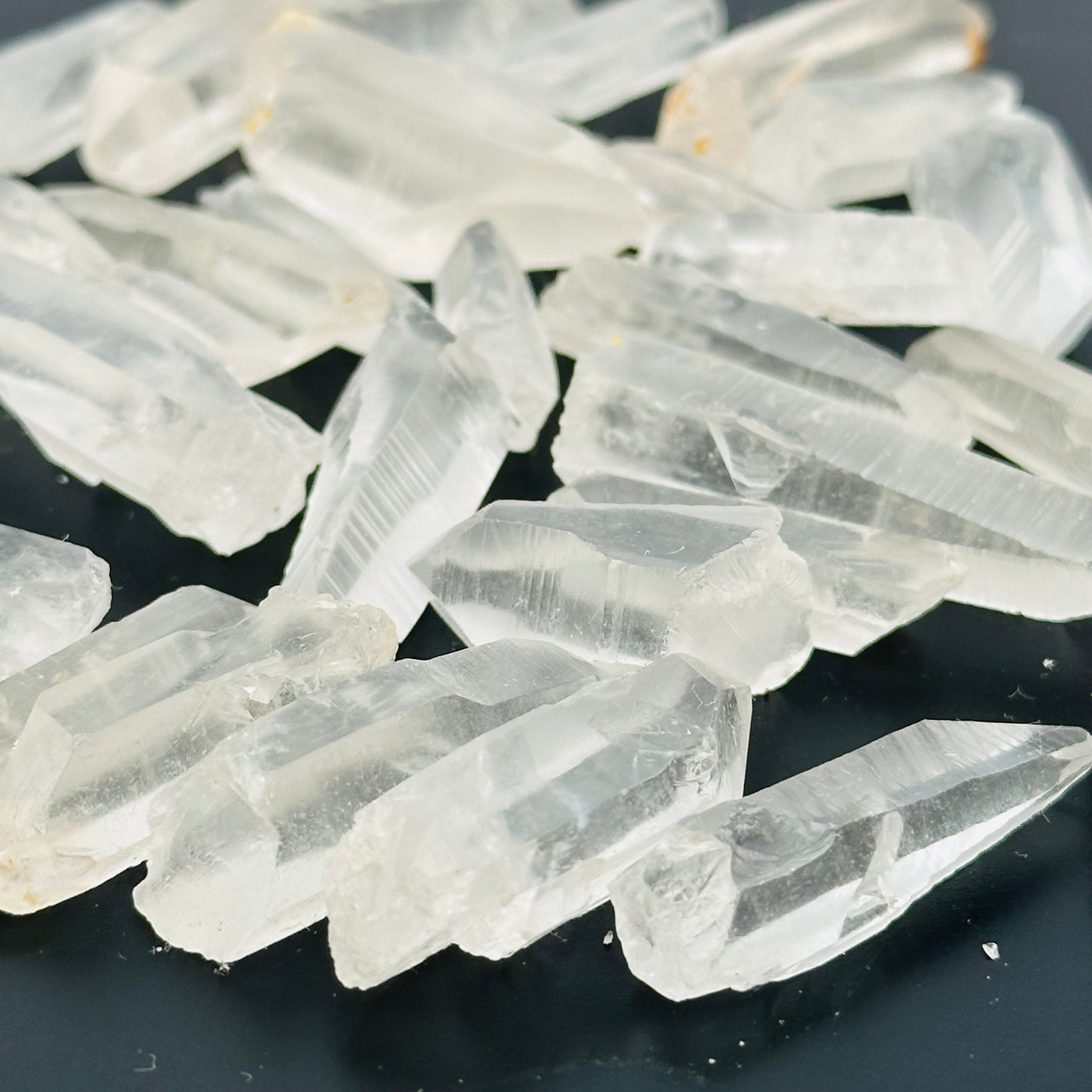 close up of the details on these lemurian crystal points 