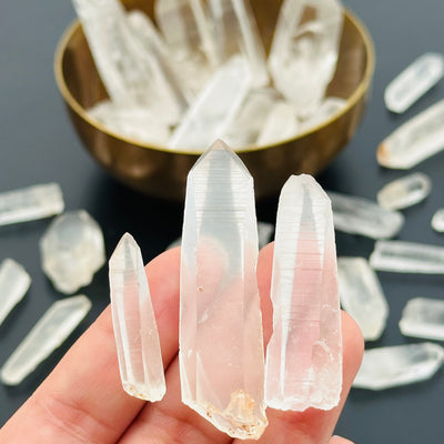 close up of the details on these lemurian crystal points 