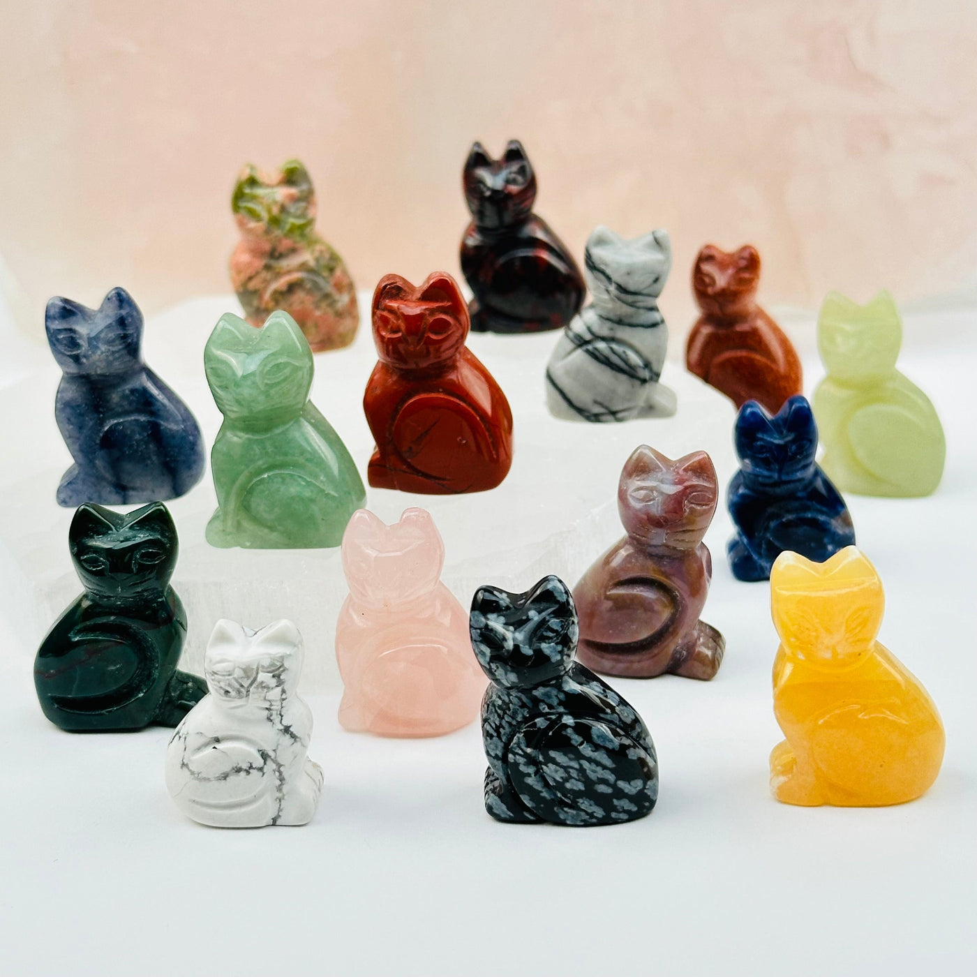 multiple gemstone cats displayed to show the differences in the color shades and crystal types 