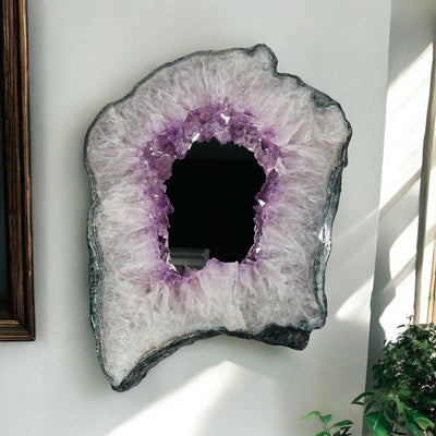 amethyst cluster mirror displayed as home decor 