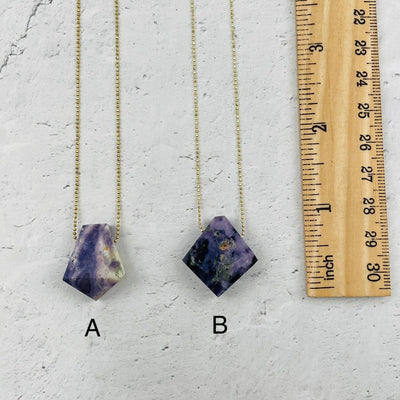 necklace pendant next to a ruler for size reference 