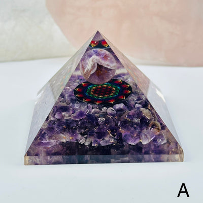 orgone crystal pyramids available with different crystal types. close up of the details on option A