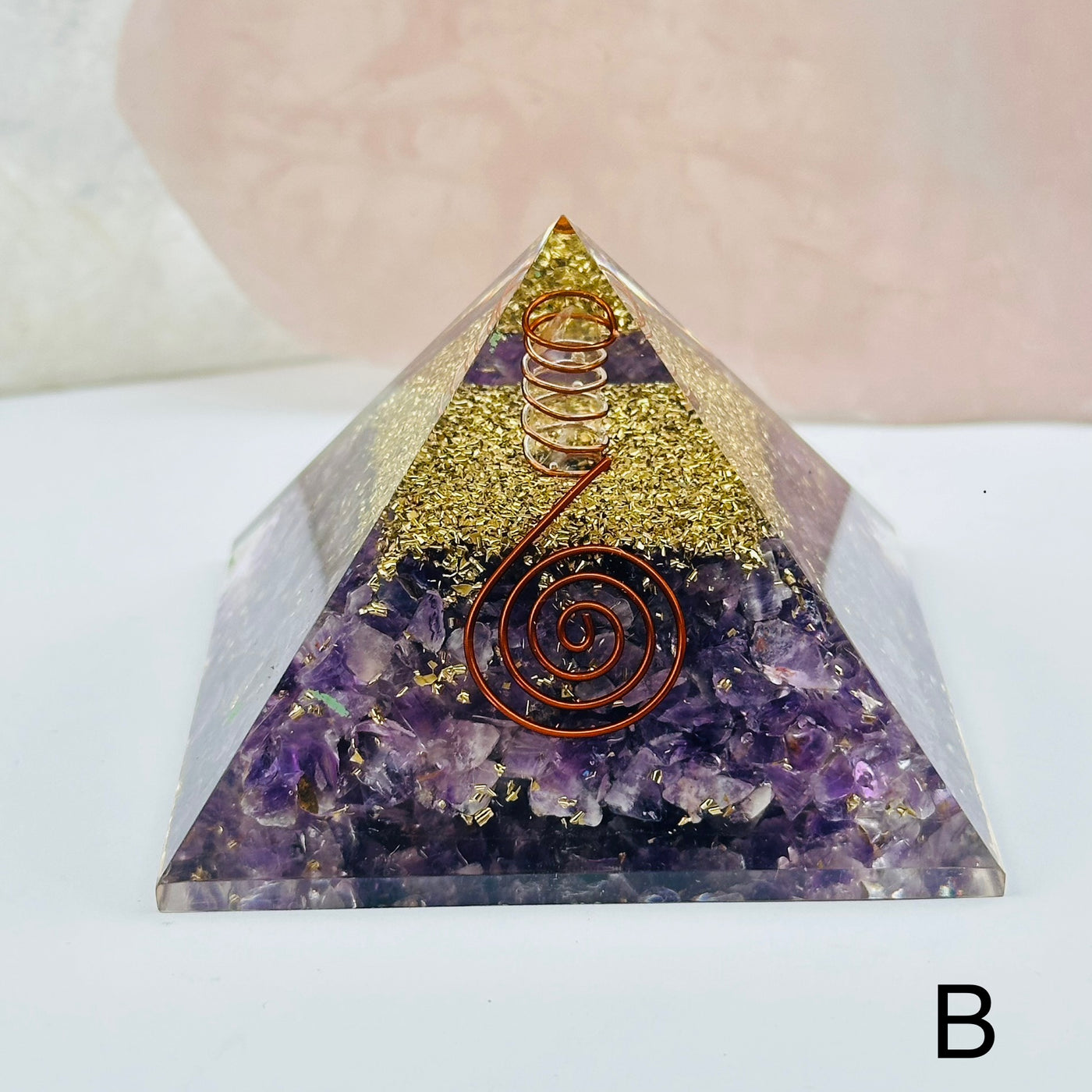 orgone crystal pyramids available with different crystal types. close up of the details on option B