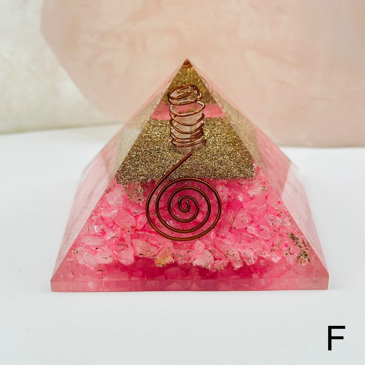 orgone crystal pyramids available with different crystal types. close up of the details on option F