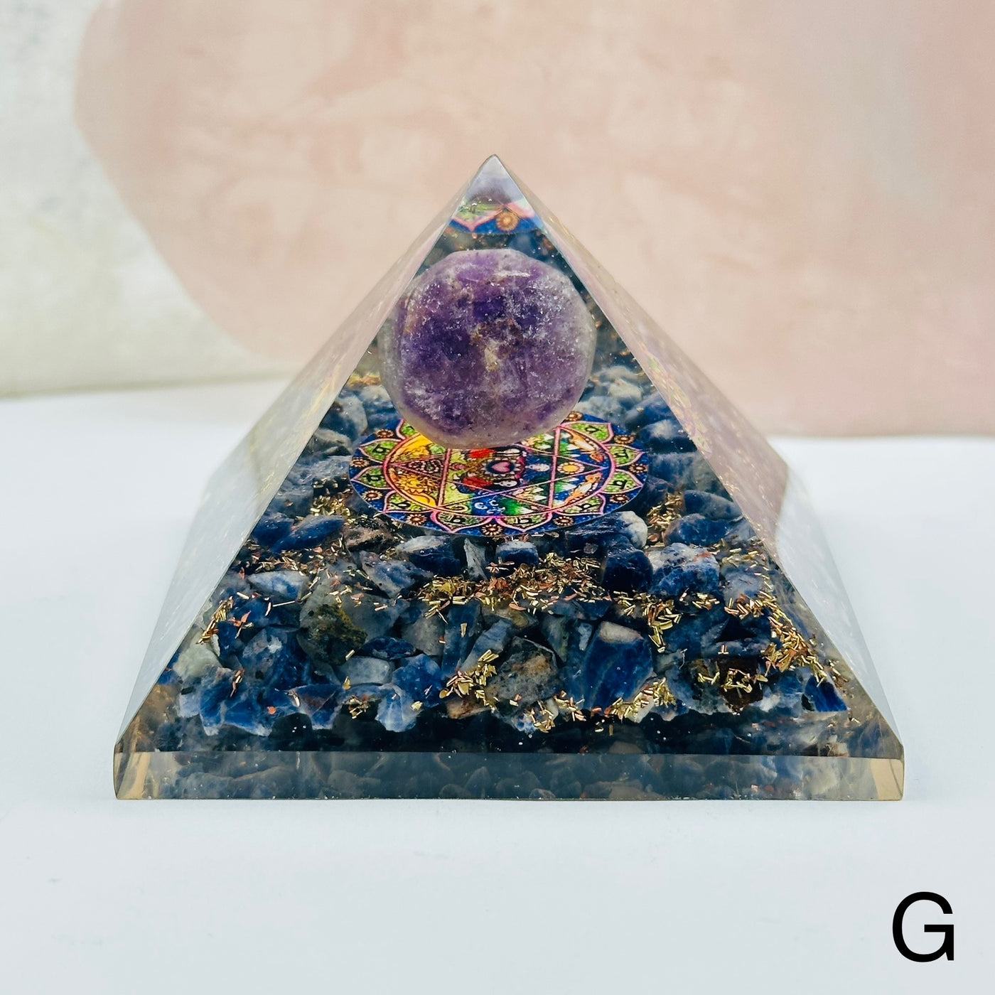 orgone crystal pyramids available with different crystal types. close up of the details on option G