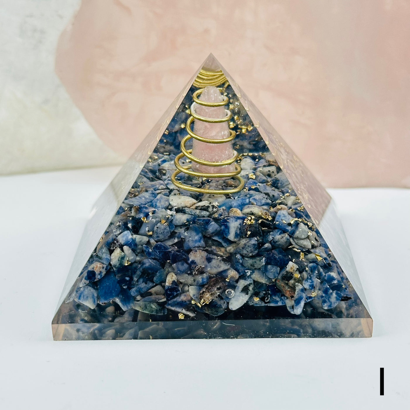 orgone crystal pyramids available with different crystal types. close up of the details on option I