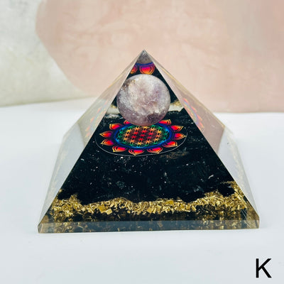 orgone crystal pyramids available with different crystal types. close up of the details on option K