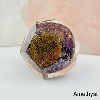 Crystal Orgone Dodecahedron with Flower of Life available in amethyst