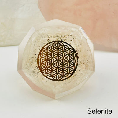 Crystal Orgone Dodecahedron with Flower of Life available in selenite