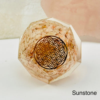 Crystal Orgone Dodecahedron with Flower of Life available in sunstone 