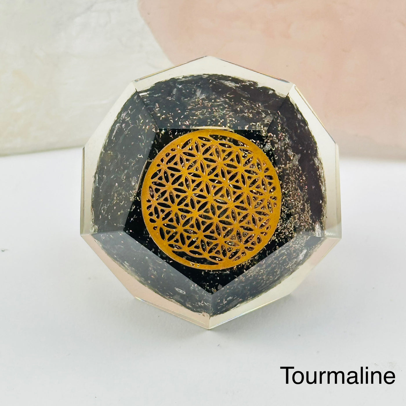 Crystal Orgone Dodecahedron with Flower of Life available in black tourmaline 