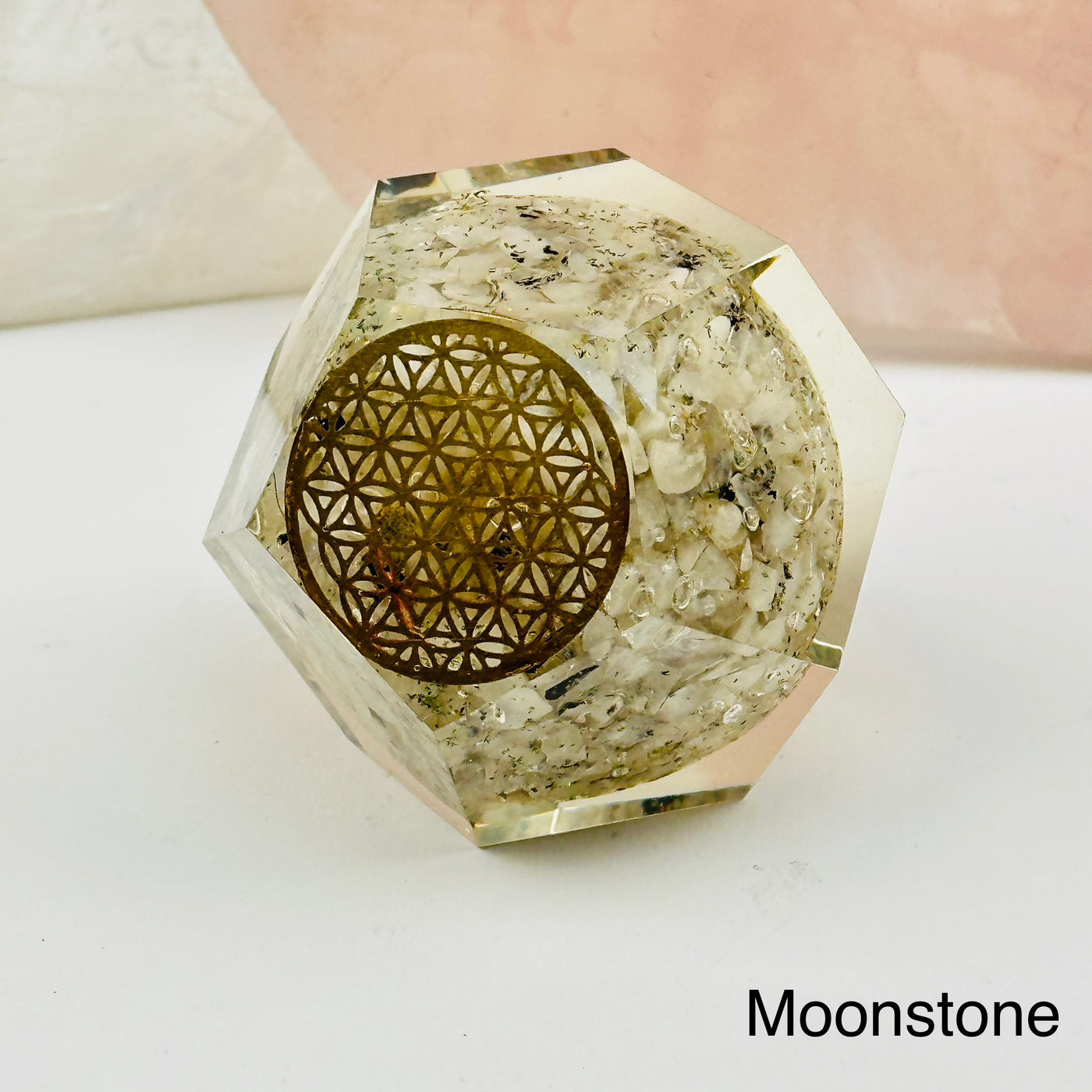 Crystal Orgone Dodecahedron with Flower of Life available in moonstone