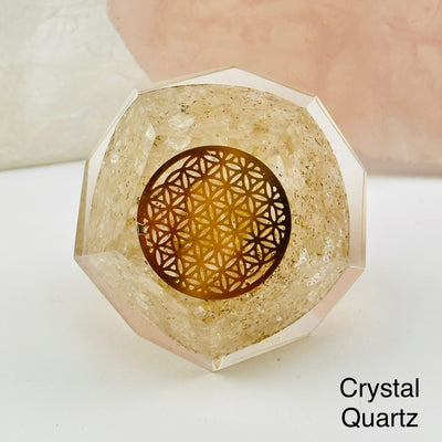 Crystal Orgone Dodecahedron with Flower of Life available in crystal quartz