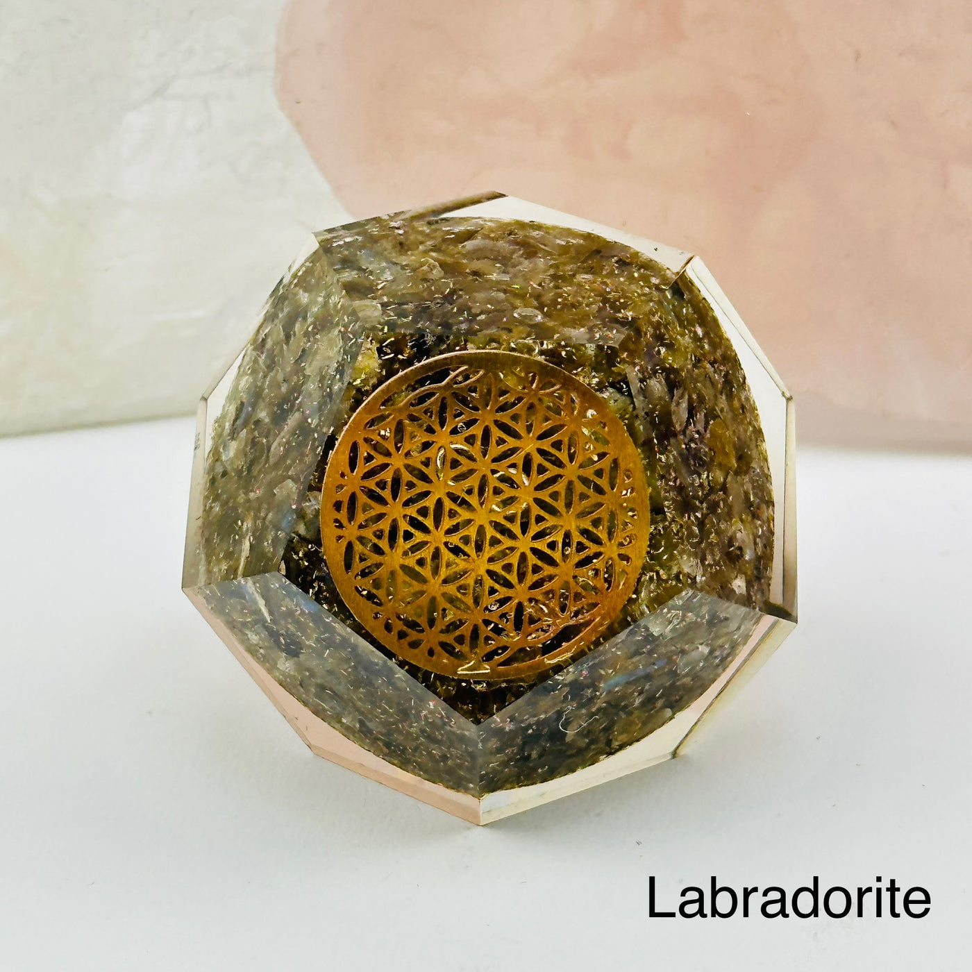 Crystal Orgone Dodecahedron with Flower of Life available in labradorite 