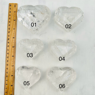 Faceted Crystal Quartz Heart - Crystal Heart - You Choose - next to a ruler for size reference 