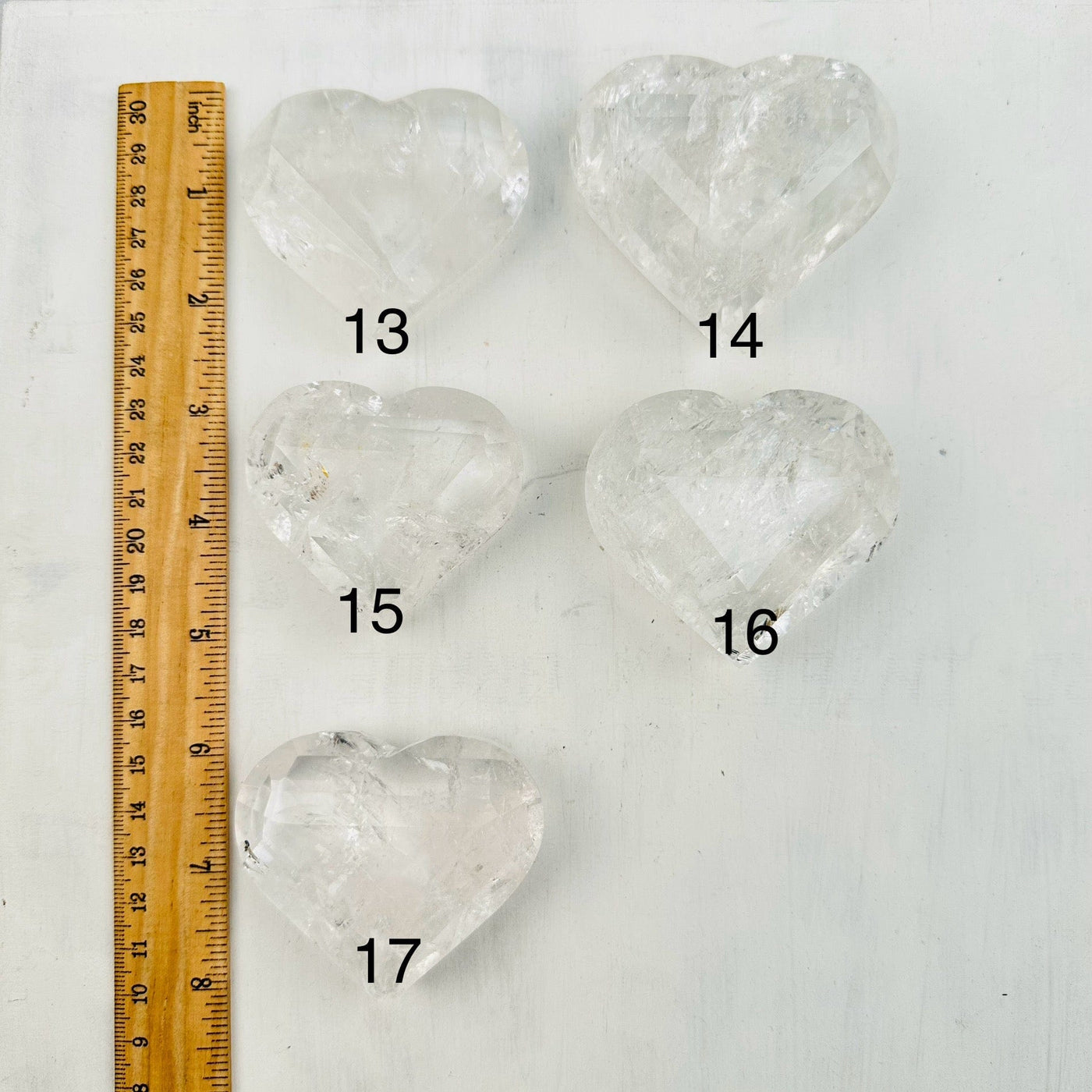 Faceted Crystal Quartz Heart - Crystal Heart - You Choose - next to a ruler for size reference
