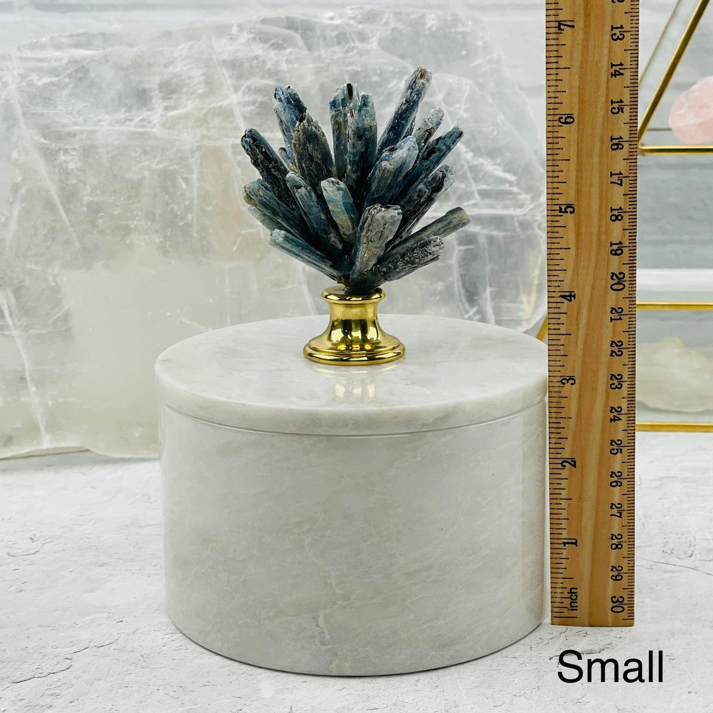 Blue Kyanite Pinecone on Round Marble Box in small 