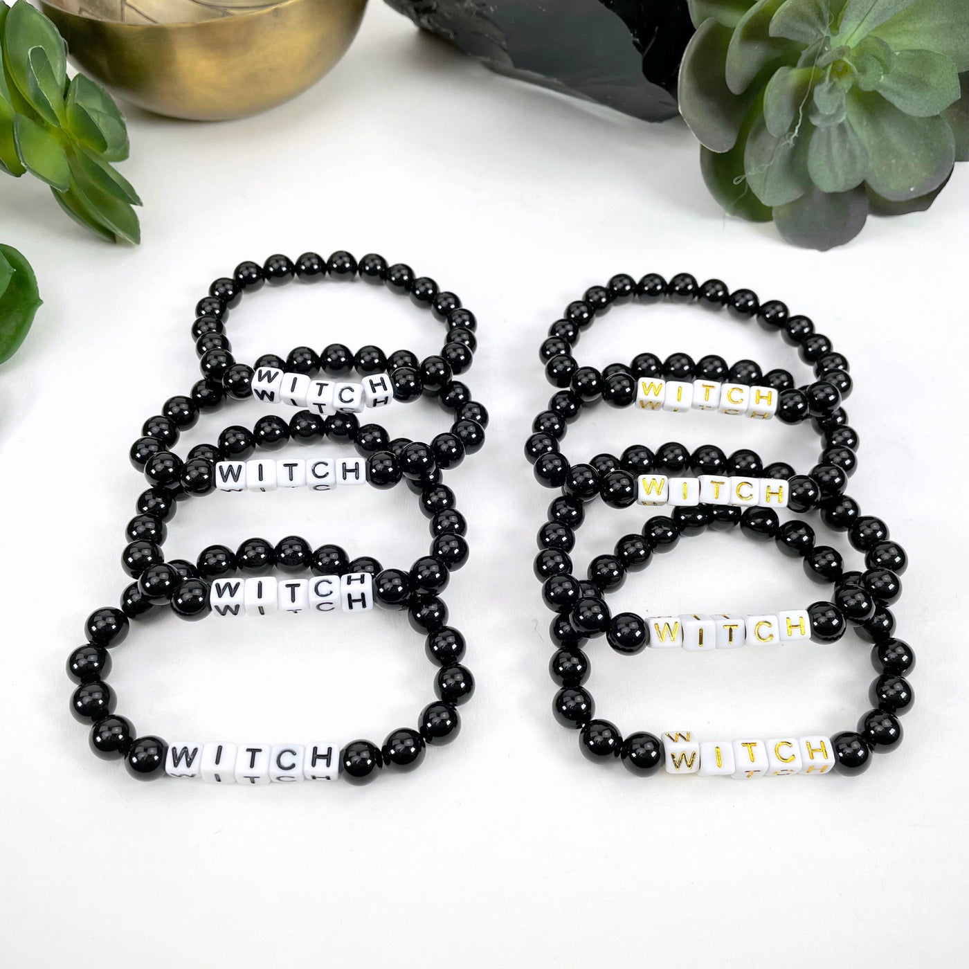 Black Obsidian Crystal Mala Bead Bracelet - WITCH Letter Beads in black and gold print