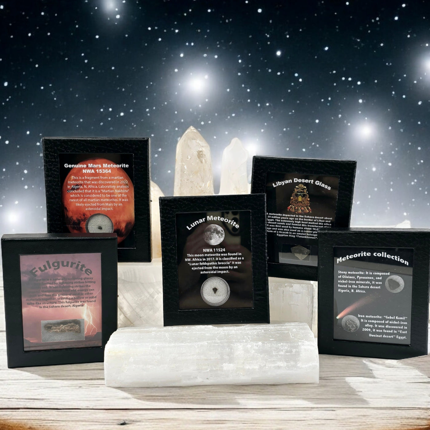 Meteorite - Libyan Desert Glass - Fulgurite - Black Framed Crystal Box Display - You Choose - one type of each of the five variants on crystal stands on wooden surface with starry background