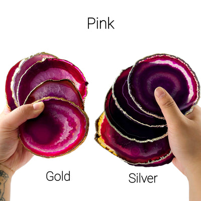 Agate Coasters 24k Gold or Silver Electroplated Edges - Set of 4 - Choose your Color - Pink Gold and Silver variants labeled in hand for size reference