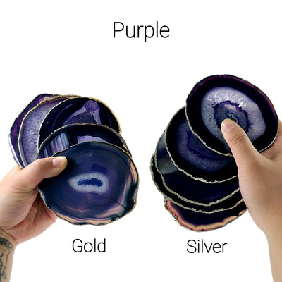 Agate Coasters 24k Gold or Silver Electroplated Edges - Set of 4 - Choose your Color - Purple Gold and Silver variants labeled in hand for size reference