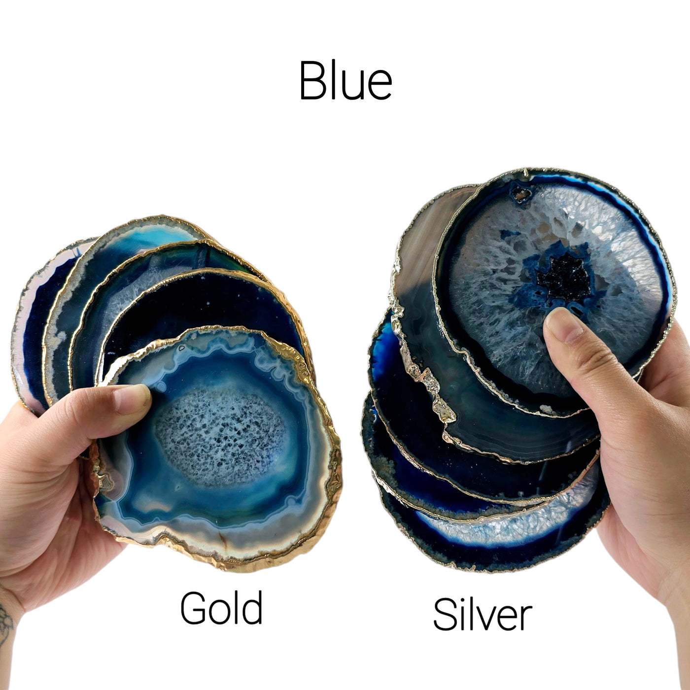 Agate Coasters 24k Gold or Silver Electroplated Edges - Set of 4 - Choose your Color - Blue Gold and Silver variants labeled in hand for size reference