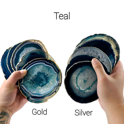 Agate Coasters 24k Gold or Silver Electroplated Edges - Set of 4 - Choose your Color - Teal Gold and Silver variants labeled in hand for size reference