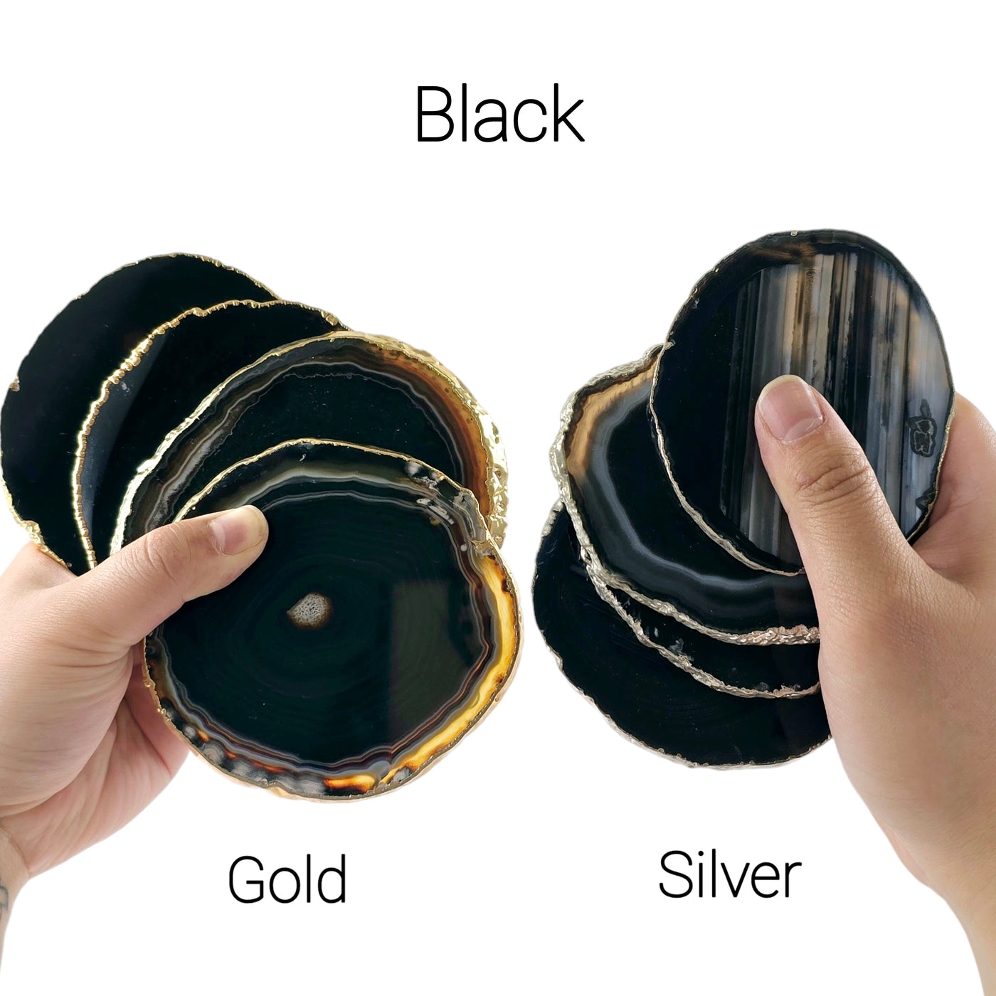 Agate Coasters 24k Gold or Silver Electroplated Edges - Set of 4 - Choose your Color - Black Gold and Silver variants labeled in hand for size reference