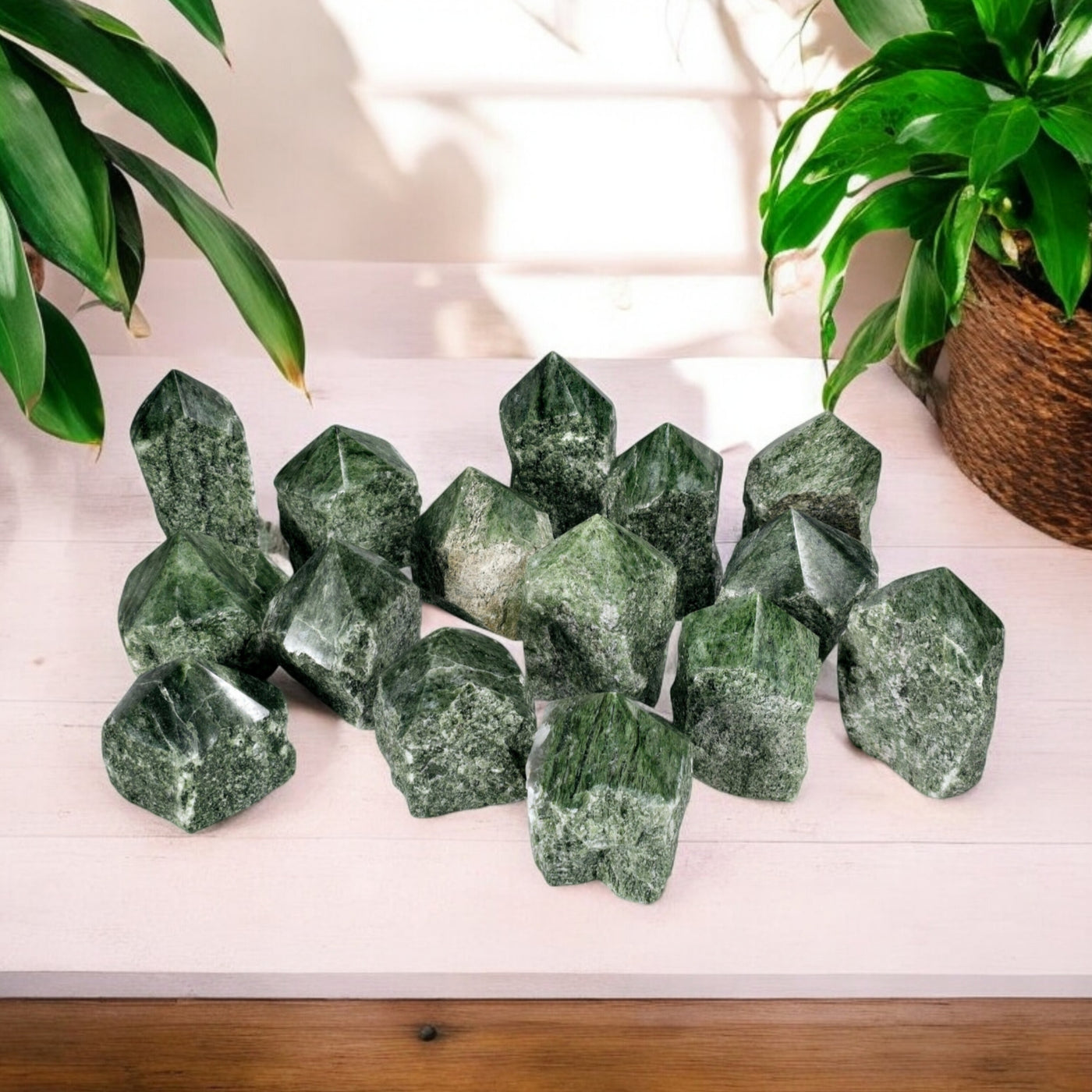 Bulk Lot of 15 Jadeite Semi Polished Crystal Points - Wholesale Crystals - You Get All - You Choose Lot - Lot A on pink table with plants in the background