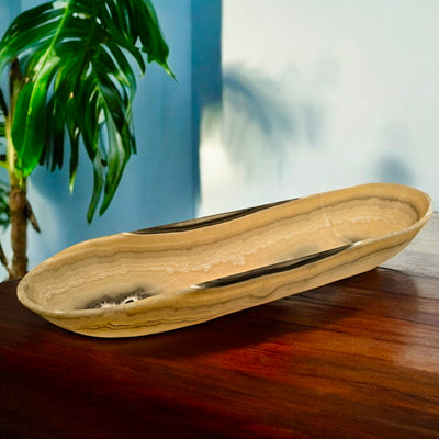 Mexican Onyx Long Freeform Crystal Bowl on table with plants and blue wall in the background